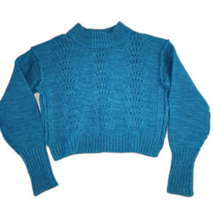 Free People Bell Song Pullover Cropped Teal Cable Knit Sweater Sz XS